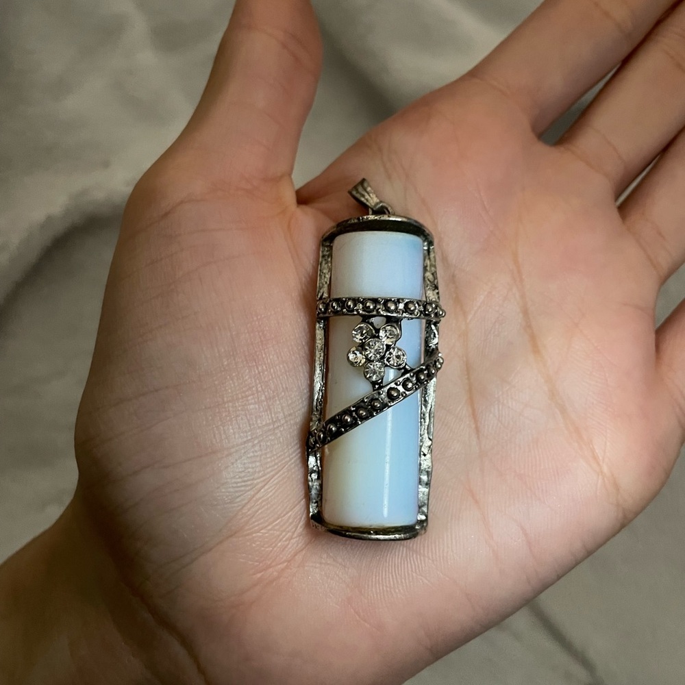 Silver-Tone White Opal Pendant Necklace with Crystal Accent